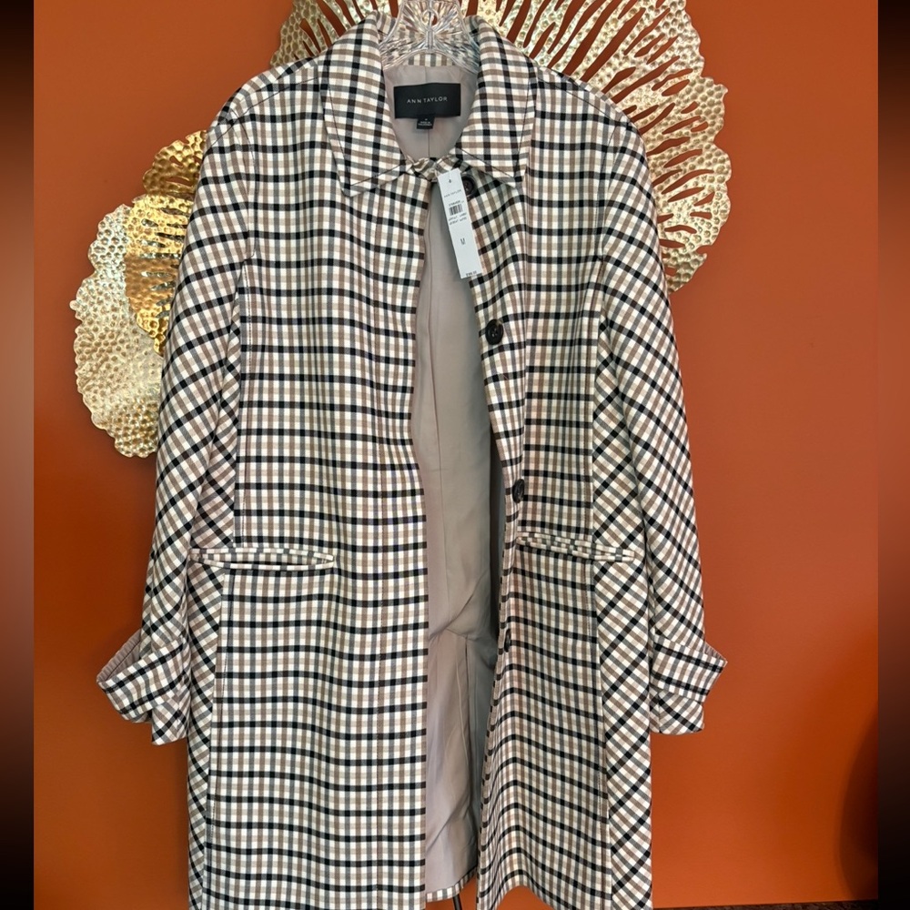 Ann Taylor Beige and Black Plaid Trench Coat